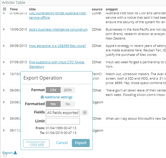 Big data exports from within the Siren UI