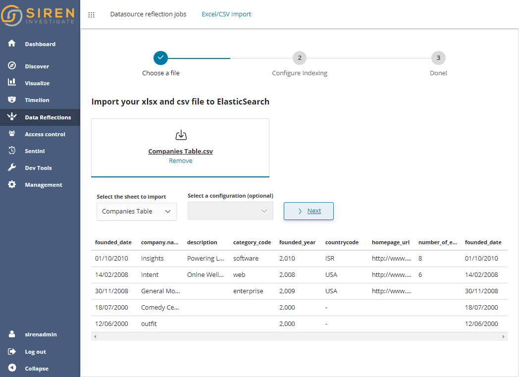 Siren Data Reflection - CSV Import